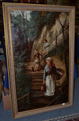 Lot 1141 - Sydney Potter (ex.1883-1889) Three young girls on steps descending a hillside  Signed, oil on...