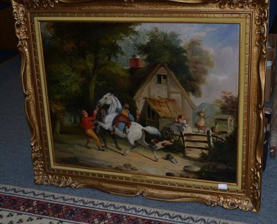 Lot 1144 - Follower of William Redmore Bigg (19th century) Country scene with figures restraining a grey horse