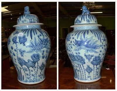 Lot 1220 - A Pair of Blue and White Vases, of recent date, height 63 cm