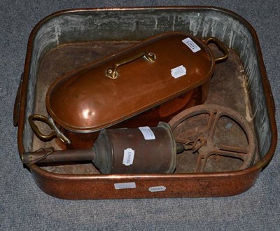 Lot 1221 - A Large Copper Roasting/Settling Pan 48 cm wide, a copper fish kettle and brass meat jack (3)