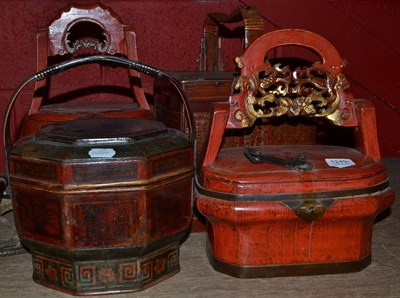 Lot 1249 - A Chinese Medicine Box, 20th century, with cane handle, height 38cm; A Red Lacquer Water Carrier; A