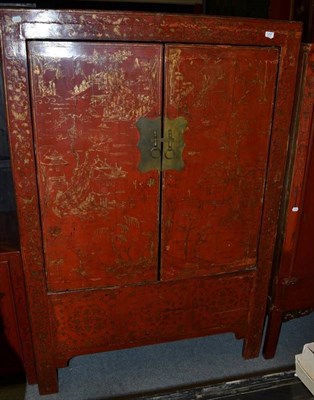 Lot 1252 - A Chinese Red Lacquer and Parcel Gilt Double Door Cabinet, the interior with shelf and drawers,...