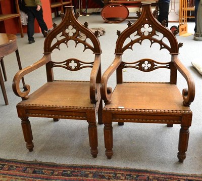 Lot 1275 - Two Oak Gothic Throne Chairs, 63cm wide