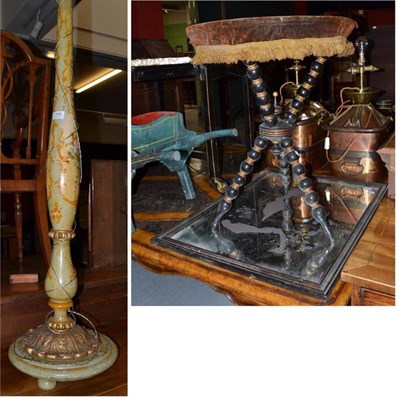 Lot 1308 - A Victorian Black Lacquered Tripod Table; A Mirror, in black frame; and A Painted Standard Lamp (3)