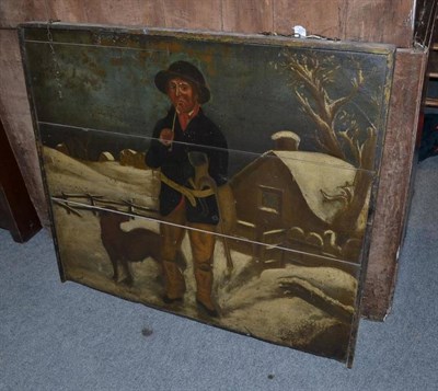 Lot 1314 - An Early 19th Century Provincial Painted Pine-Framed Panel, depicting a man and his dog in a winter