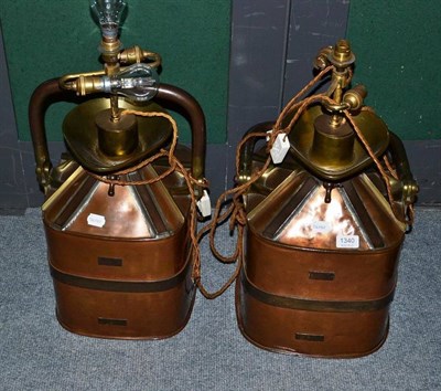 Lot 1340 - A Pair of Copper Fuel Measure Lamps, by Gaskell & Chambers Ltd, 43cm high excluding fitting...