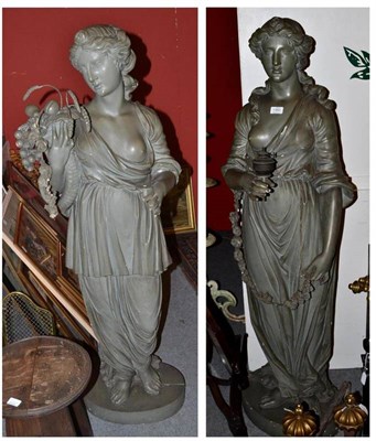 Lot 1360 - A Pair of 19th Century Plaster Lamp Maidens, as the seasons, height 140cm  Ex. Renishaw Hall