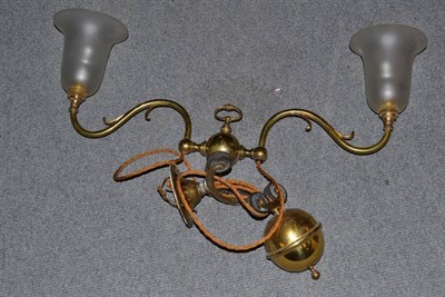 Lot 1377 - A Brass Two Branch Rise and Fall Light Fitting with opaque shades