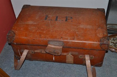 Lot 1388 - A leather and brass studded travelling case, initialled E.L.P, 85cm wide