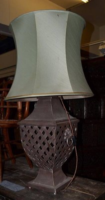 Lot 1389 - A Metal Table Lamp of recent date, with green fabric shade, height 105cm