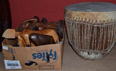 Lot 1390 - A Box of Mainly African Export Tribal Art; and An African Zebra Skin Drum, 40cm high