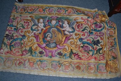 Lot 1398 - A Painted Banner, with Virgin and Christ and Renaissance ornament, 96cm high by 170cm wide  Ex....