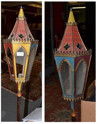 Lot 1404 - A Pair of 19th Century Gilt Metal Lanterns; and Another Pair of Painted Lanterns (4)