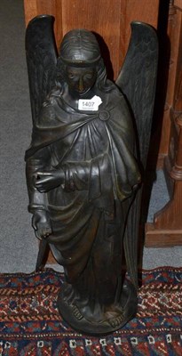 Lot 1407 - A Bronze Figure of an Angel, circa 1900, standing and gazing downwards, on circular base, 79cm high