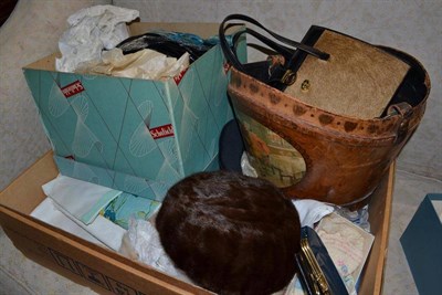 Lot 1409 - A Leather Hat Box, with carrying handle; A Lady's Black Leather Handbag; Assorted Hats; White...