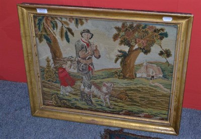 Lot 1417 - A 19th Century Wool Work and Petit Point Picture, of a sportsman and his dog beside a girl in a red