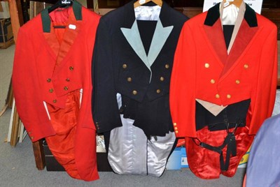 Lot 1429 - A Huntsman's Dinner Suit, of a red tail coat with green wool and red grosgrain collar facings,...