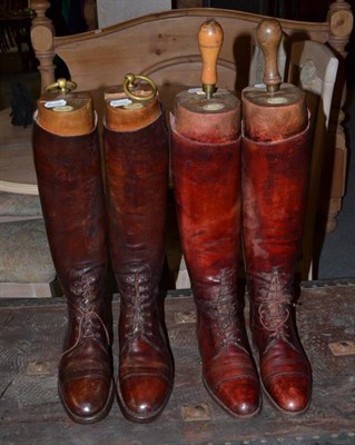 Lot 1430 - Two Pairs of Brown Leather Riding Boots, possibly size 8 and 7, partially laced, with beech...