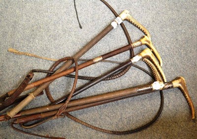 Lot 1438 - Five Various Hunting Whips, with antler handles and silver mounts, two with leather thongs (5)