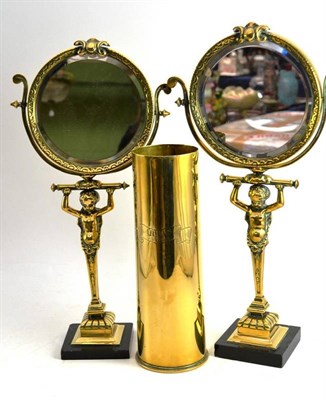 Lot 1478 - A Pair of Early 20th Century French Brass Mirrors, with circular bevel glass plates and marbles...