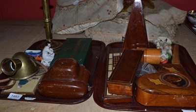 Lot 1483 - Two Trays including A Metronome; Cribbage Board; Carpet Bowls; Student's Brass Lamp; Ceramics; etc