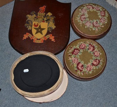 Lot 1484 - A 20th Century Armorial Shield; A Pair of Victorian Woolwork Footstools and A boxed, Folding...