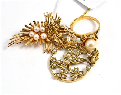 Lot 3 - An 18ct gold ring set with a pearl, seed pearl set dove pendant and 9ct gold chain, 9ct gold...