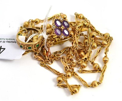 Lot 4 - A 9ct gold fancy link chain, two bracelets, three 9ct gold rings and a pearl set brooch