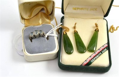 Lot 35 - A pair of nephrite earrings, with a pendant on chain and a 9ct white gold aquamarine ring