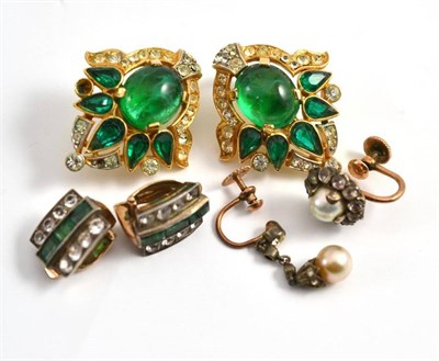 Lot 41 - A pair of emerald and white stone clip-on earrings, a pair of green and white paste earrings by...