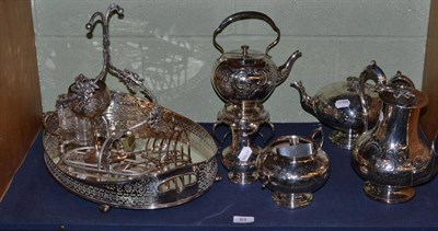 Lot 63 - Plate four piece tea set, tea kettle, galleried tray, small quantity of electroplate