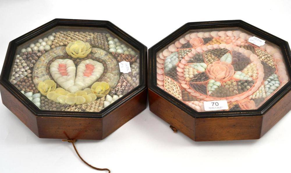 Octagon Shell Lot 70 - A pair of shell pictures of octagonal form,