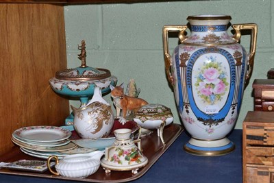 Lot 71 - Noritake floral decorated twin handled vase, height 31cm and a tray of assorted ceramics...