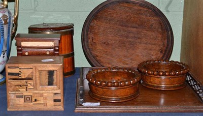 Lot 72 - Mahogany tray with gallery, two bottle coasters, brass and coopered casket, miniature chest and...