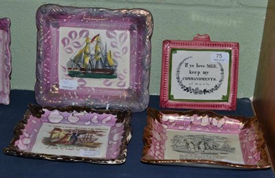 Lot 75 - Dixon & Co Sunderland pink lustre plaque 'Sailors Farewell', another 'The Token or Jacks safe...