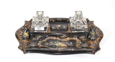 Lot 80 - A papier mache inkstand with two glass inkwells