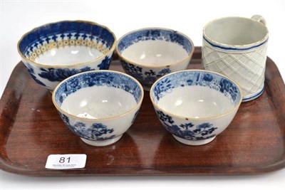 Lot 81 - Chinese blue and white tea bowl, three 18th century tea bowls and an English pearlware mug (5)
