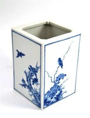 Lot 90 - A Chinese ";Wangpu"; style porcelain blue and white brush pot, square, 20th century, six character