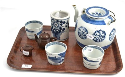 Lot 98 - Chinese blue and white teapot, three Japanese sake cups, blue and white brush pot and two...