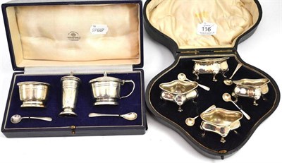 Lot 116 - Set of four silver salts with spoons and three piece condiment