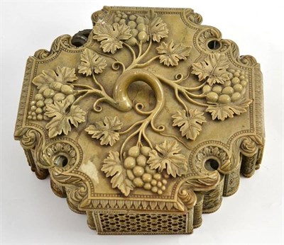 Lot 138 - A carved soapstone box and cover, perhaps North India, Mughal style (a.f.), 22cm