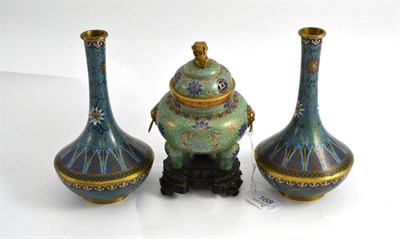 Lot 168 - Cloisonné censer and cover on wood stand, height 18cm and a pair of 19th century cloisonné bottle