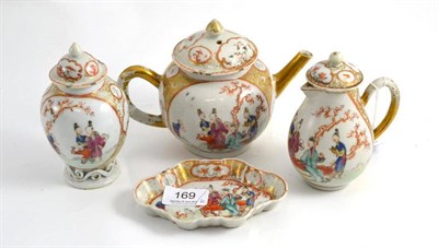 Lot 169 - Famille rose teapot, milk jug and tea poy (and three lids) and a similar spoon tray