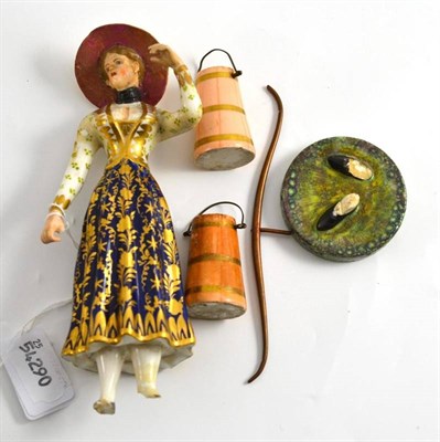 Lot 170 - China figure of a milkmaid with brass yoke and three pails with two lids (a.f.), possibly...