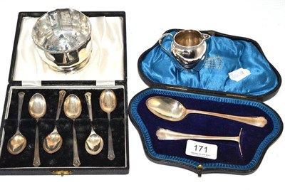 Lot 171 - Silver cream jug and sugar bowl, cased set of six silver teaspoons, cased silver baby push and...