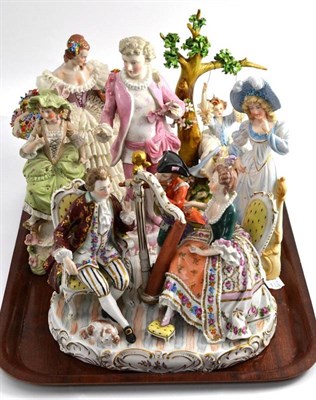 Lot 176 - A Dresden figure group in 18th century style, height 20cm, a Sitzendorf china figure of a lady with