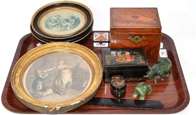 Lot 190 - Georgian mahogany caddy, pair of small oval prints, two Russian boxes, tortoiseshell paper...