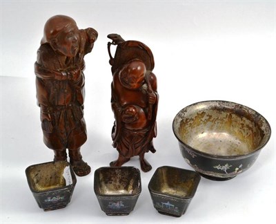 Lot 193 - Two Chinese root carved figures, a lacquer bowl and three tea bowls