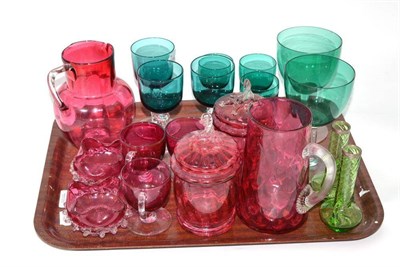 Lot 197 - A tray of Victorian cranberry and green glass including jugs, wines etc