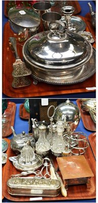 Lot 199 - Two trays of silver plated flat and hollow ware, including a bosuns call, biscuit barrel,...